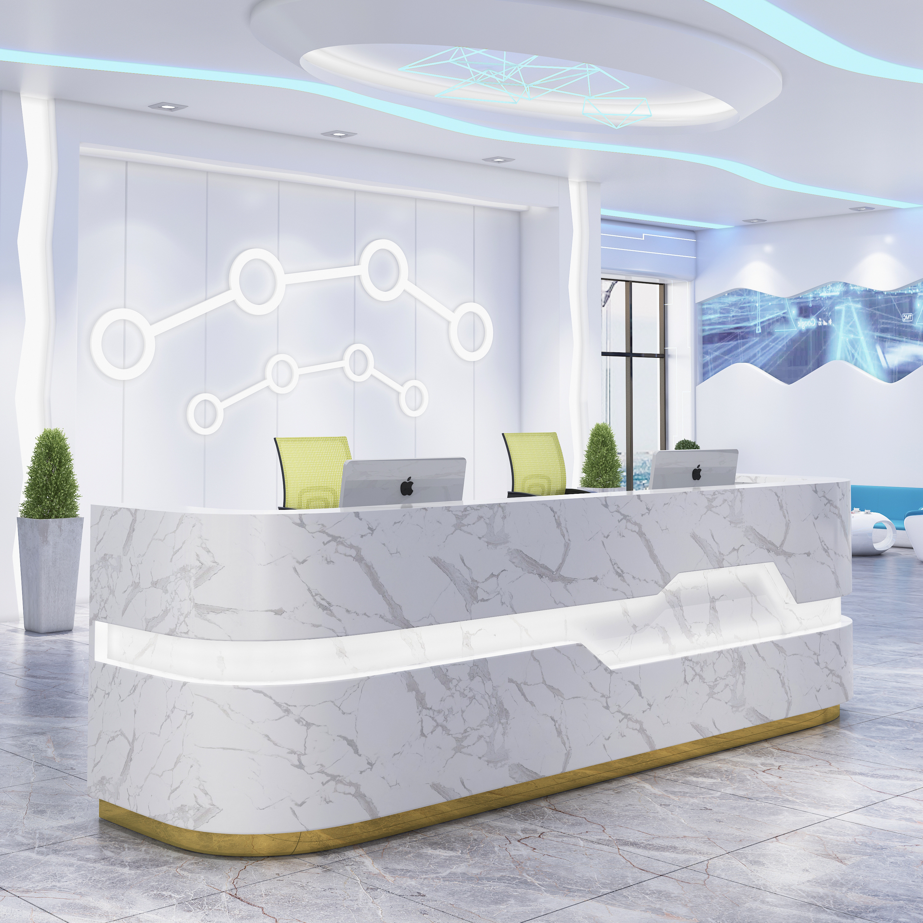 Luxury Commercial Office Furniture white Curved reception desk with Led lamp company Front Counter reception table beauty salon