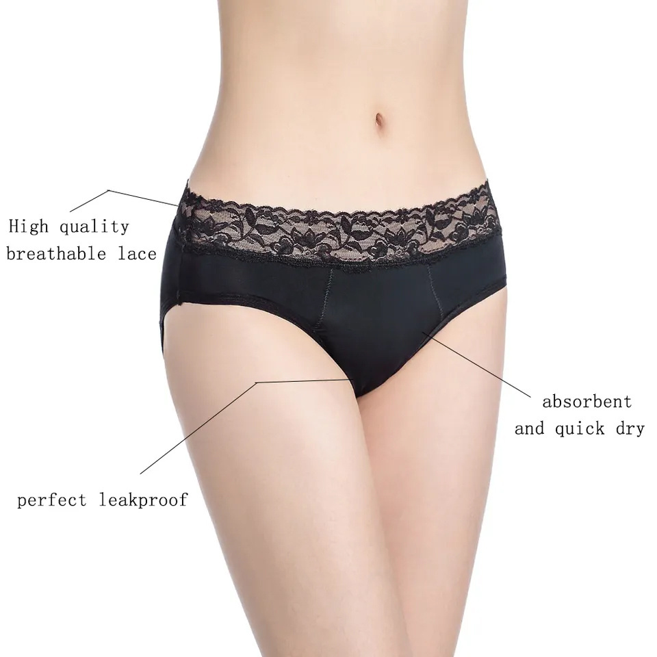 Oem Ladies Period Panties Washable Ladies Lace Breathability Menstrual Panties Plain Dyed Shorty Knitted for Women Adults Black