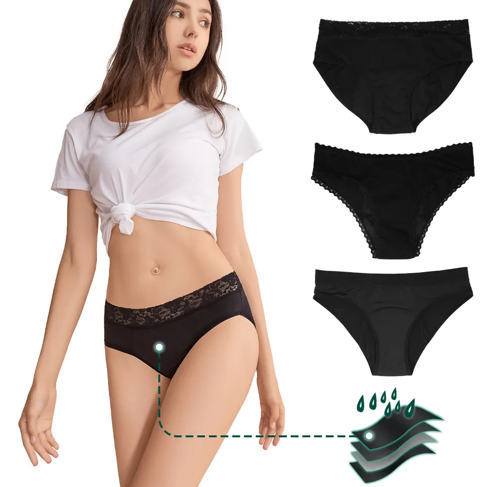 Oem Ladies Period Panties Washable Ladies Lace Breathability Menstrual Panties Plain Dyed Shorty Knitted for Women Adults Black