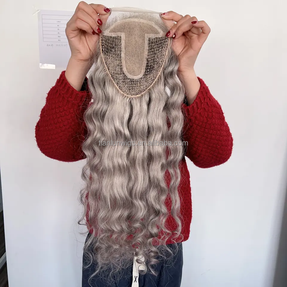 China Top Quality 100% European Human Hair Grey Blonde Color Natural Wave Hair Piece Fishnet With Silk Base Topper