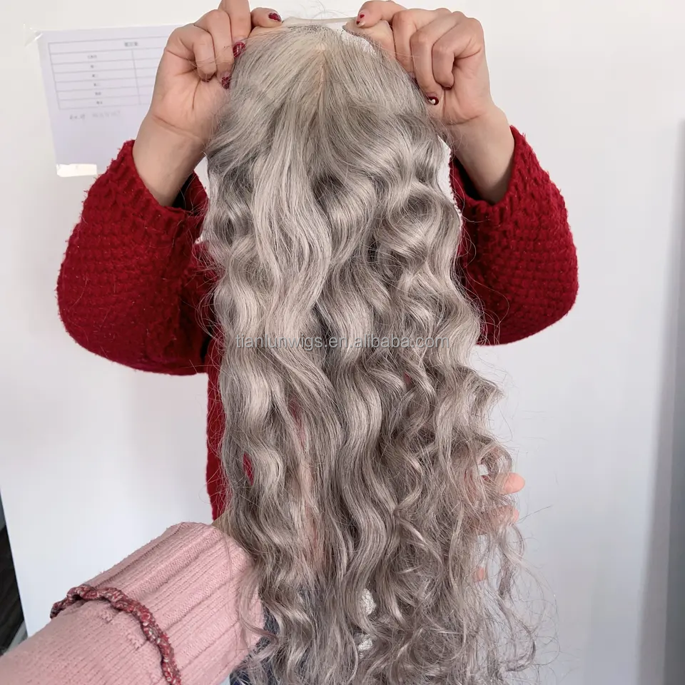 China Top Quality 100% European Human Hair Grey Blonde Color Natural Wave Hair Piece Fishnet With Silk Base Topper