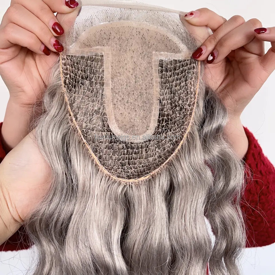 China Top Quality 100% European Human Hair Grey Blonde Color Natural Wave Hair Piece Fishnet With Silk Base Topper