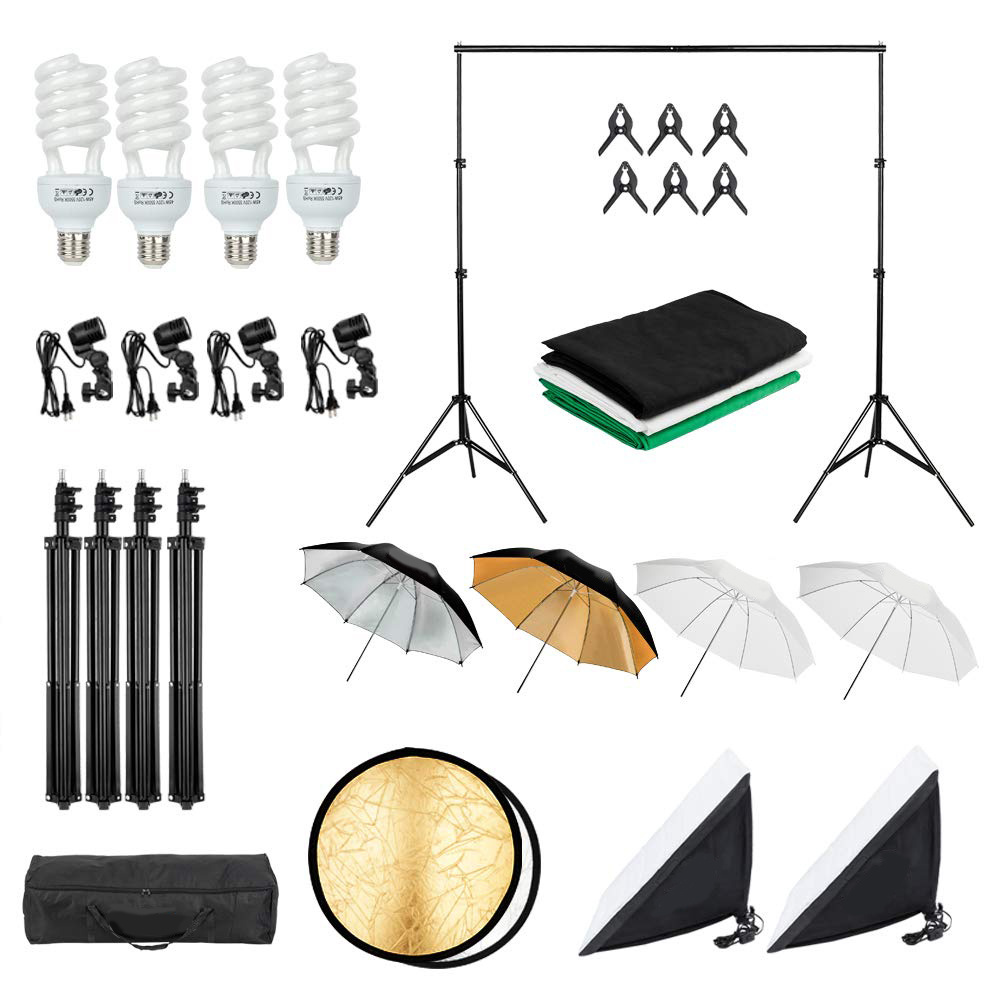 Photography Lighting Set 50*70 Softbox 2*3m Backdrop 33inch Umbrella 5 in 1 Reflector Photo Video Studio Kit Set