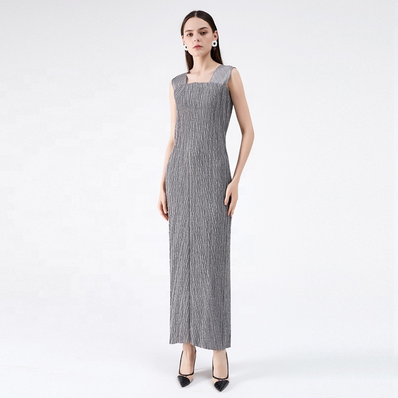 New arrival Miyake Pleated  Wholesale 100% Polyester Solid Slimming Sequin Evening Elegant Free Size Dress