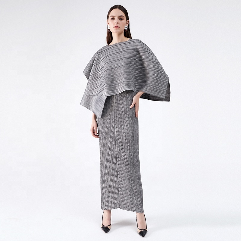 New arrival Miyake Pleated  Wholesale 100% Polyester Solid Slimming Sequin Evening Elegant Free Size Dress