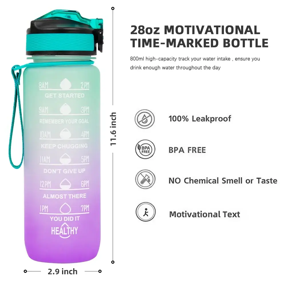 Tianqi 28OZ 800ML Fitness Leakproof shaker  With Times To Drink And Straw Motivational Plastic Gym Sport Bottle Water