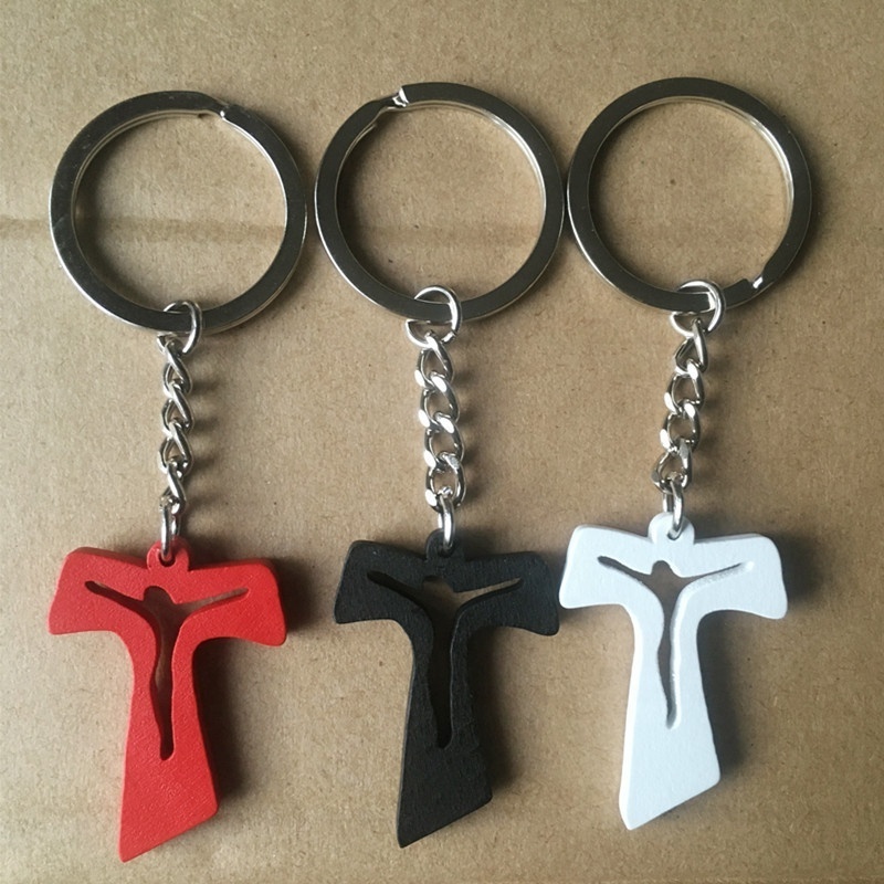 T shape engraved jesus cross keychain, religious promotional keyring with various color pendant available