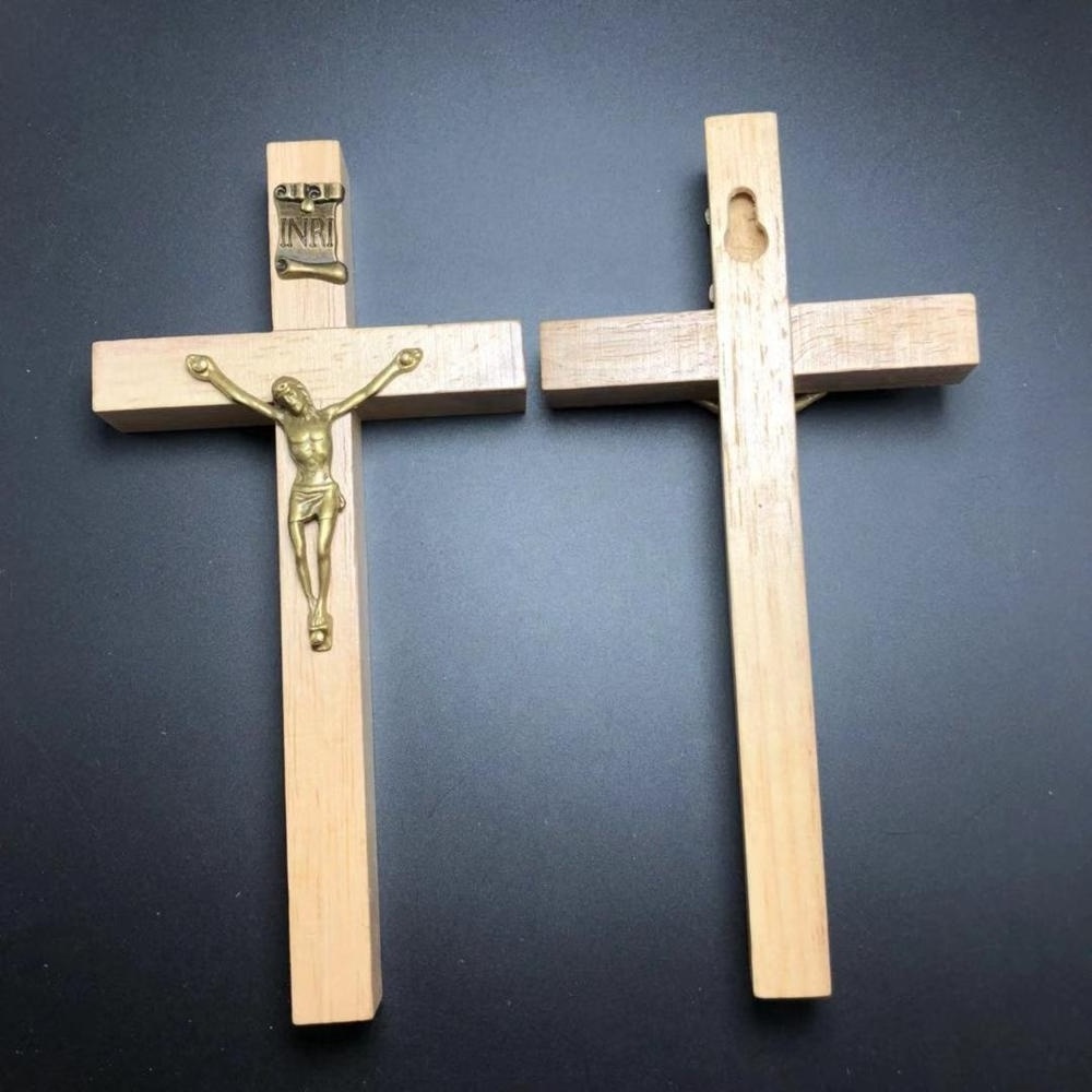 15.2cm clear varnished natural rubber wood cross jesus statue cross wood wall crucifix catholic cross