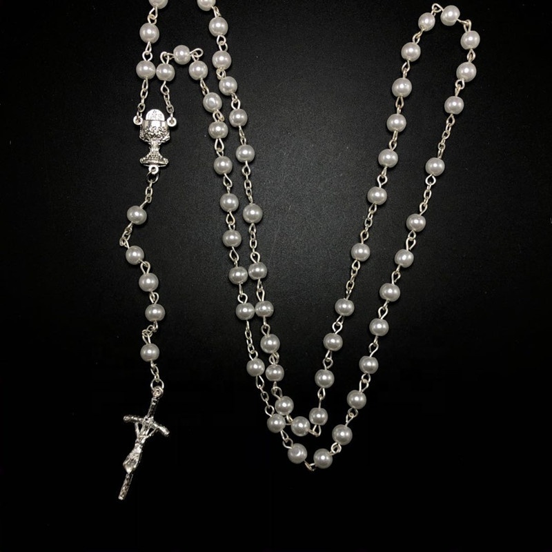 6mm glass pearl bead rosary N1335 with sterling silver chain red and pearl color necklace