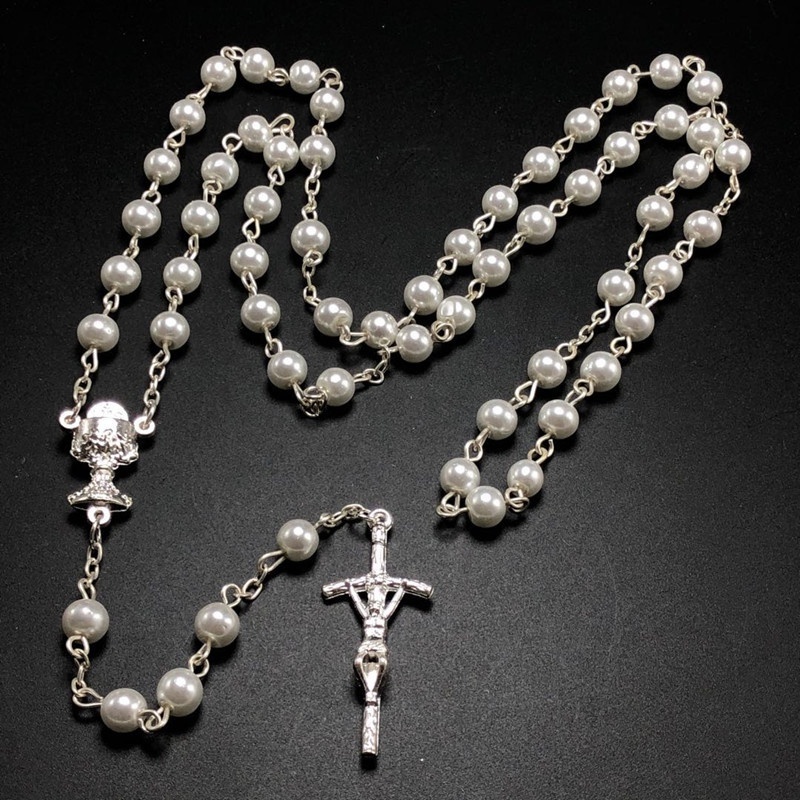 6mm glass pearl bead rosary N1335 with sterling silver chain red and pearl color necklace