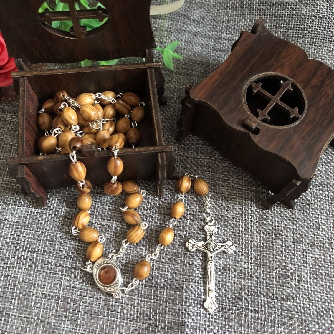 First Communion Gift wood rosary box, wooden boxes with orthodox token for JERUSALEM OLIVE WOOD ROSARY