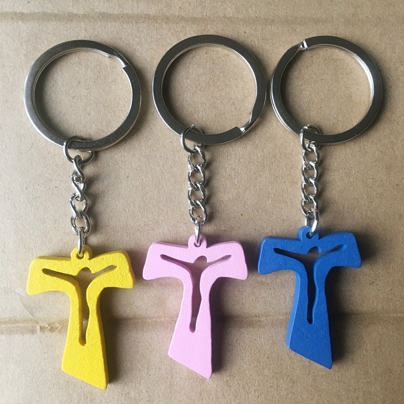 T shape engraved jesus cross keychain, religious promotional keyring with various color pendant available