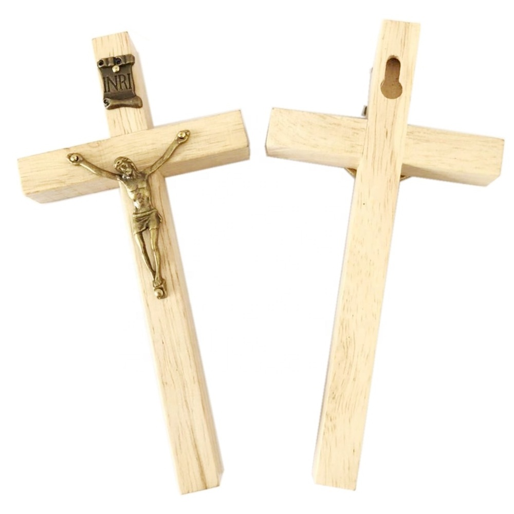 15.2cm clear varnished natural rubber wood cross jesus statue cross wood wall crucifix catholic cross