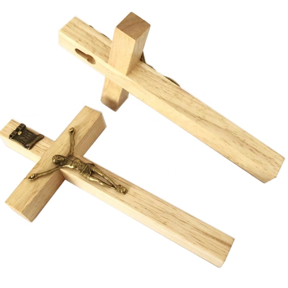 15.2cm clear varnished natural rubber wood cross jesus statue cross wood wall crucifix catholic cross