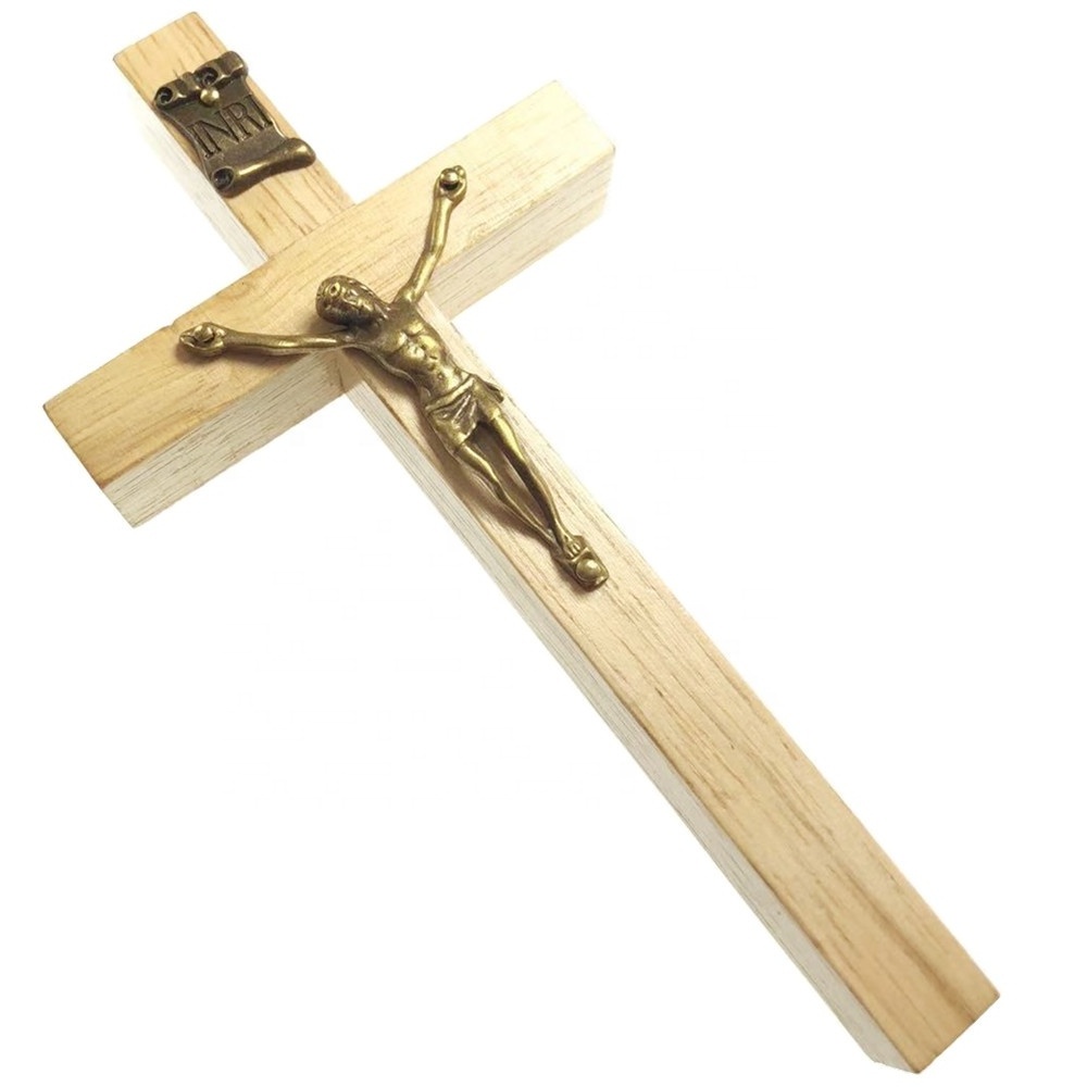 15.2cm clear varnished natural rubber wood cross jesus statue cross wood wall crucifix catholic cross