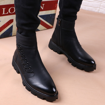 Men's pointed leather boots Korean version trendy Martin boots British thick soles plush insulation medium top short boots