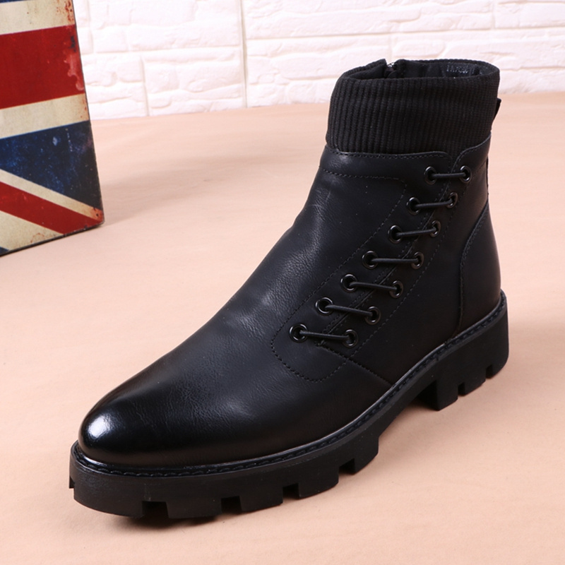 Men's pointed leather boots Korean version trendy Martin boots British thick soles plush insulation medium top short boots