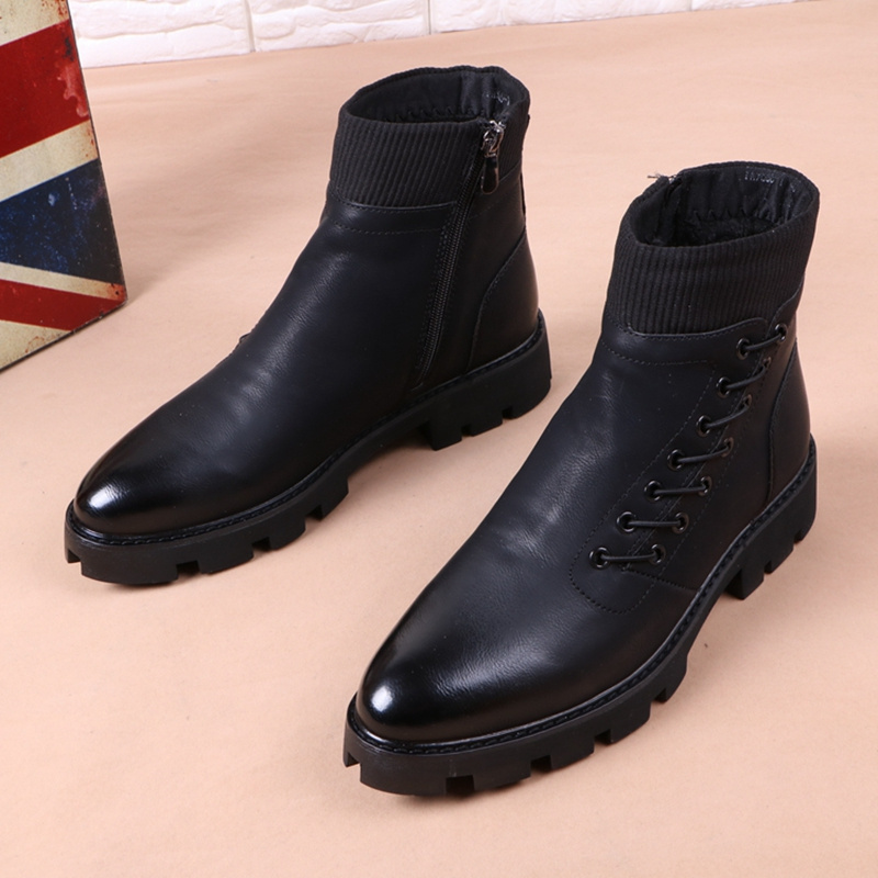 Men's pointed leather boots Korean version trendy Martin boots British thick soles plush insulation medium top short boots