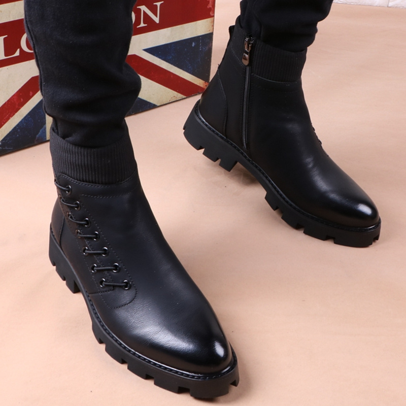 Men's pointed leather boots Korean version trendy Martin boots British thick soles plush insulation medium top short boots