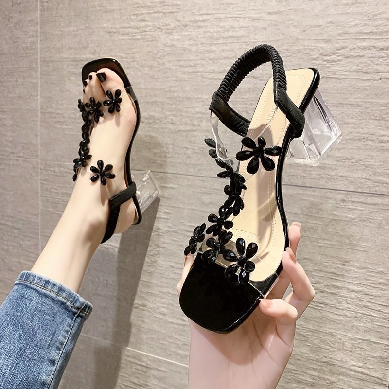 Summer Women's Sandals PVC Crystal Flower Decoration Chunky Heel Open Toe Back Elastic Band Elegant Fashion Women Shoes