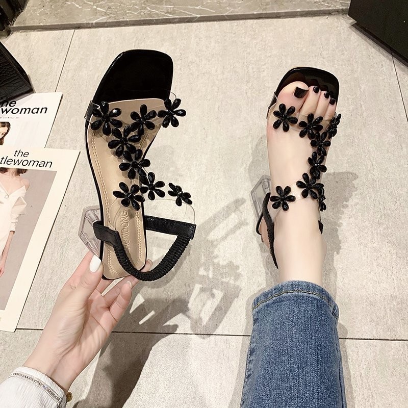 Summer Women's Sandals PVC Crystal Flower Decoration Chunky Heel Open Toe Back Elastic Band Elegant Fashion Women Shoes