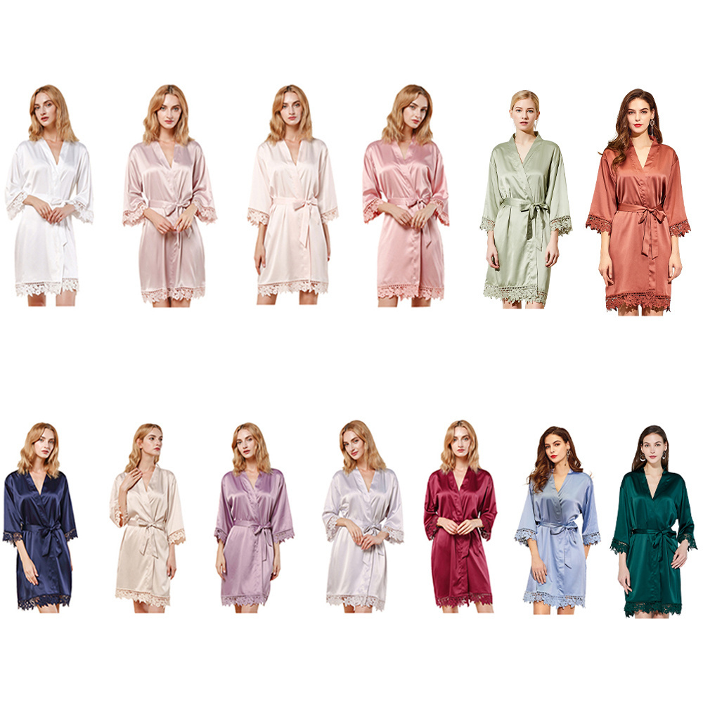 Factory Wholesale Silky Satin Kimono Robe with Rose Lace Knee Length Drawstring Closure for Girl Parties Brides Bridesmaids