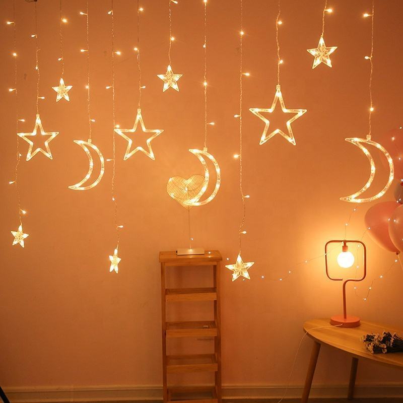 Factory wholesale Christmas Ramadan decorations lights 3.5M moon and star shape led curtain light holiday lights