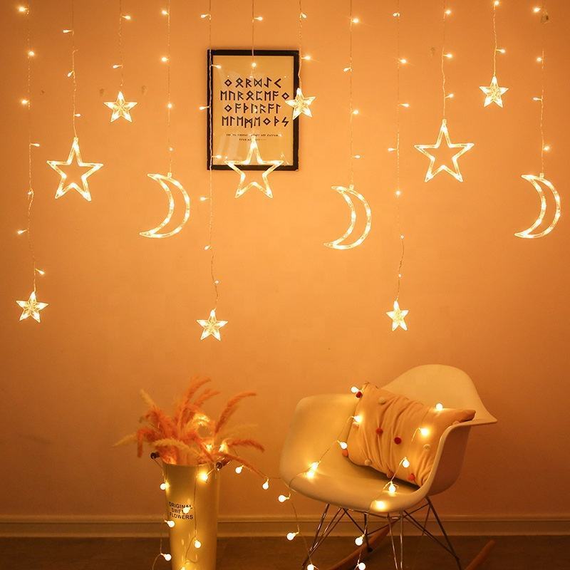 Factory wholesale Christmas Ramadan decorations lights 3.5M moon and star shape led curtain light holiday lights