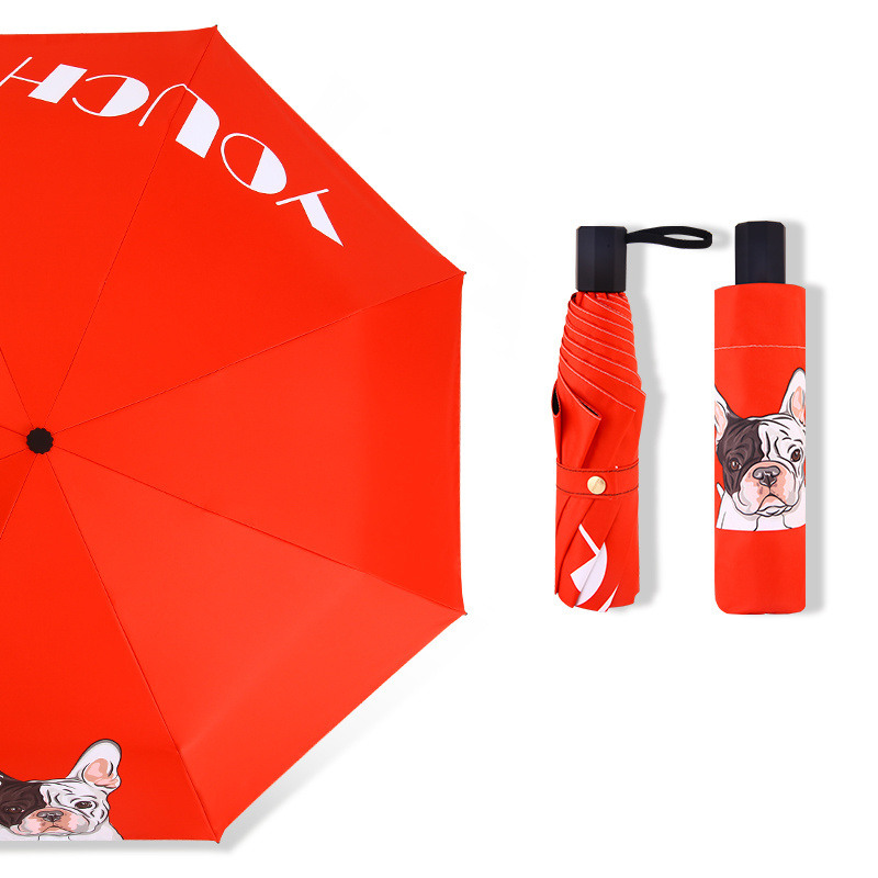 mini pocket umbrella OEM Personalised transfer dog printing windproof  3 folding umbrella French Bulldog print anime umbrella