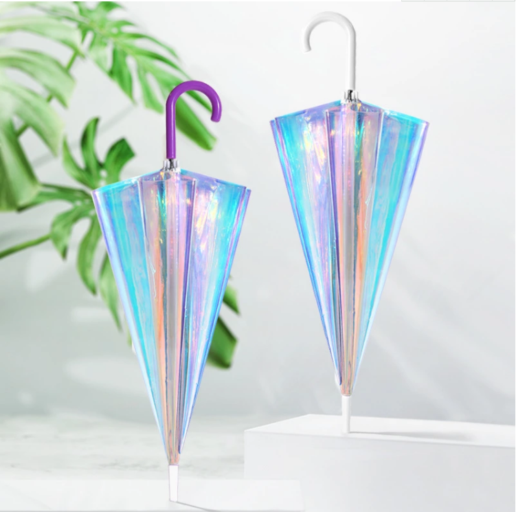 New Invention Dazzling Color POE Transparent Umbrella Rainbow Shining Auto Open Fashion Laser Umbrella In Stock