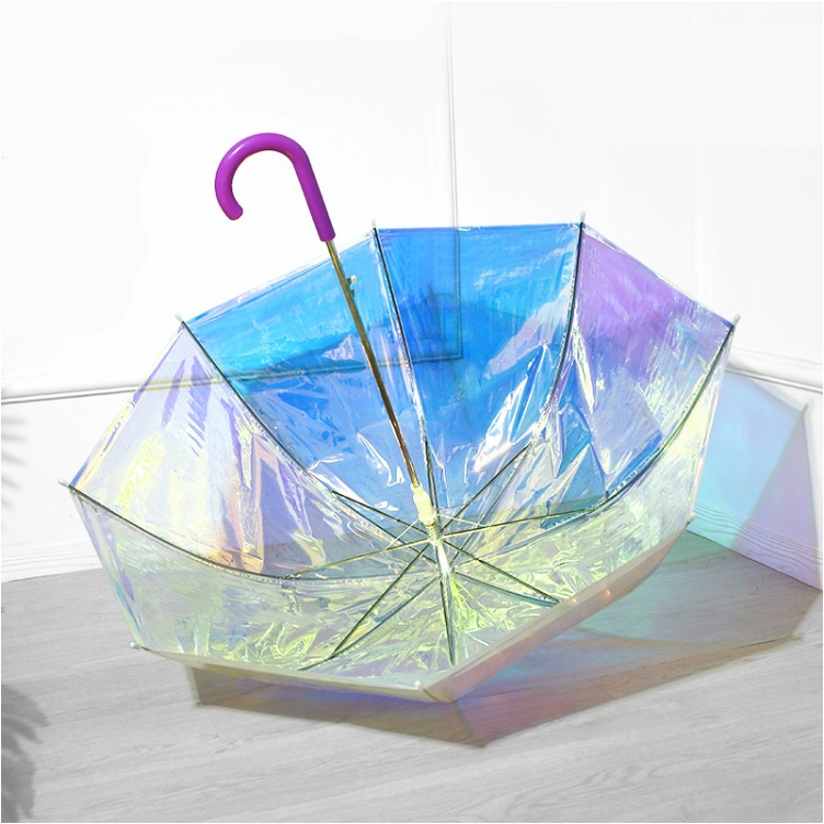 New Invention Dazzling Color POE Transparent Umbrella Rainbow Shining Auto Open Fashion Laser Umbrella In Stock