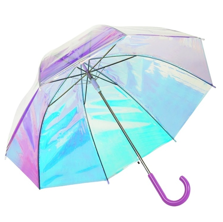 New Invention Dazzling Color POE Transparent Umbrella Rainbow Shining Auto Open Fashion Laser Umbrella In Stock