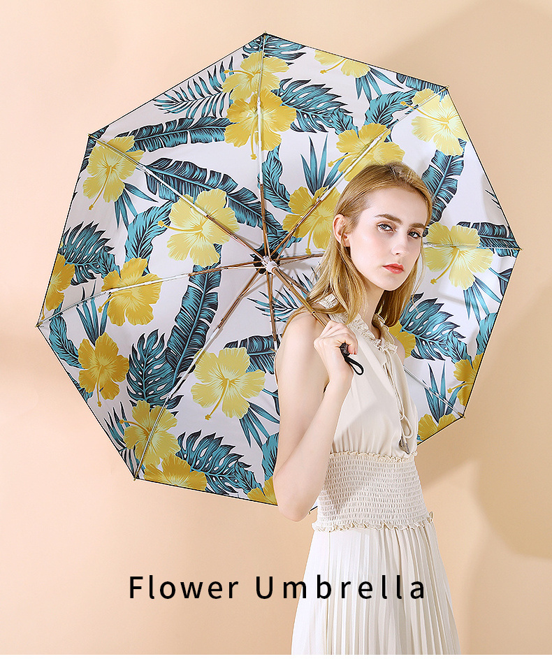 Women Sunshade Umbrella Outdoor Three Fold Promotional Custom Printed Sublimation Art plant Pattern Umbrellas