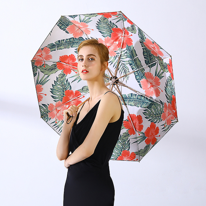 Women Sunshade Umbrella Outdoor Three Fold Promotional Custom Printed Sublimation Art plant Pattern Umbrellas