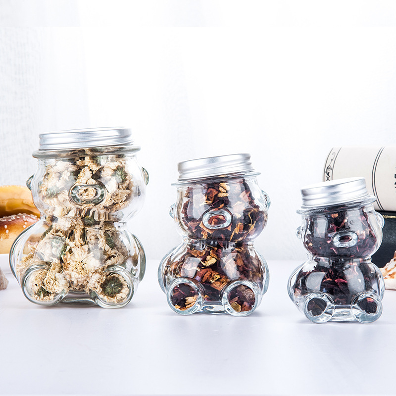 Teddy bear shaped glass jar sugar honey jar clear glass container for food