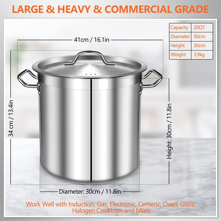 High Quality Commercial Cookware 20 Quart Stainless Steel 304 Capsulated Induction 30*30cm Large Stockpot Big Soup Pot