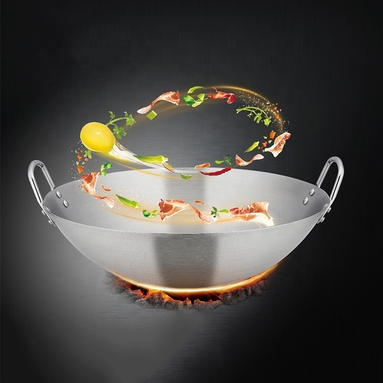 Wholesale Commercial Cookware Large 30-80cm Stainless Steel Restaurant Cooking Wok Pan with Double Handles