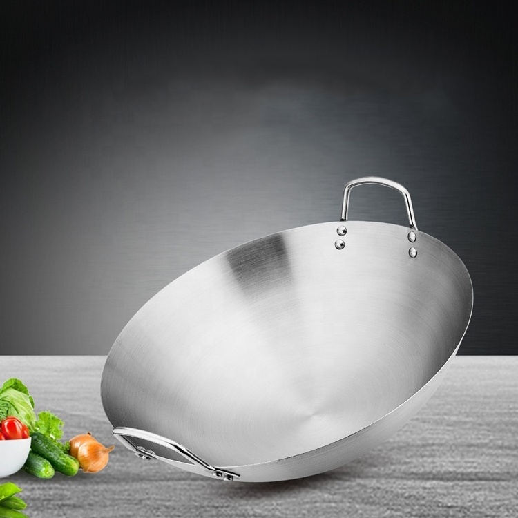 Wholesale Commercial Cookware Large 30-80cm Stainless Steel Restaurant Cooking Wok Pan with Double Handles