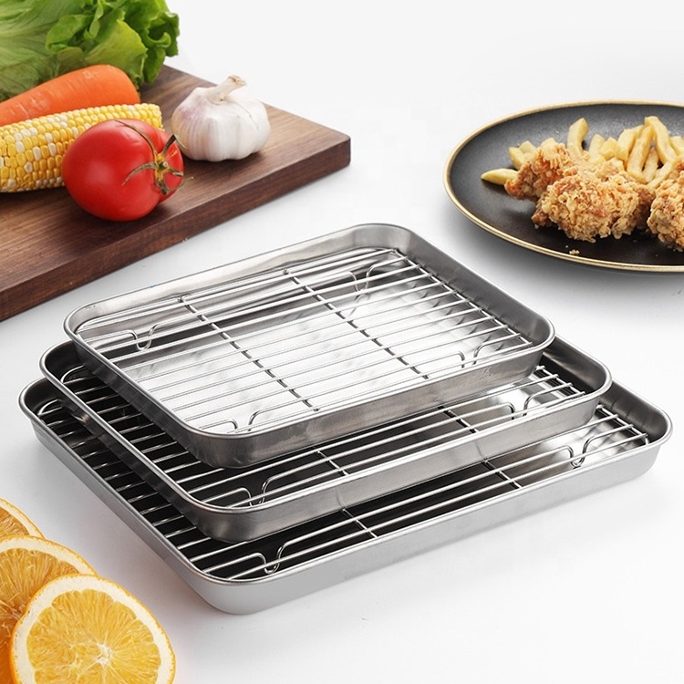 Non-stick High Quality Baking Dishes & pans Stainless Steel 304/430 Oven Bbq Roasting Pan Wire Mesh Baking Tray With Wire Rack