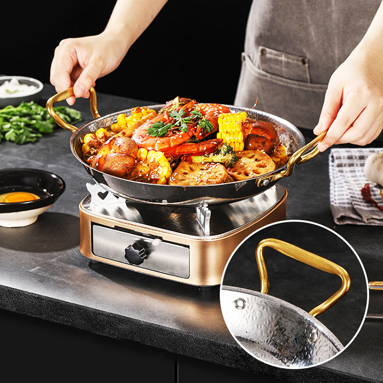 High Quality Kitchenware Hammer Pattern Stainless Steel Restaurant Serving Plate Pan Deep Frying Seafood Pan Paella Pot