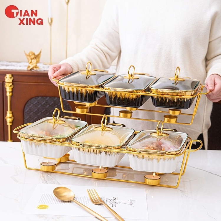 Tianxing Europe Style Catering Equipment Buffet Serving Ceramic Chafing Dish Porcelain Casseroles Hot Pot Food Warmer Of 3