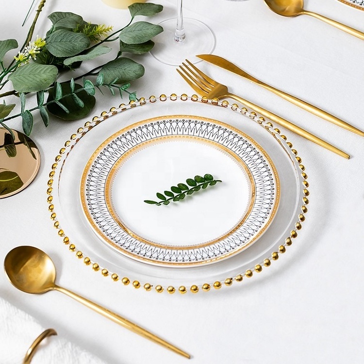 Hot Selling Bulk Sales Ceramic Dinner Plate Luxury Stainless Steel Cutlery Plastic Gold Rim Beaded Charger Plates Set