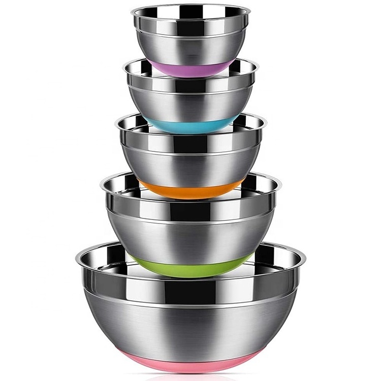 Wholesale Colorful Non-slip Base Stainless Steel Bowl Set 14-30cm Nesting Bowl Mirror Polishing Salad Mixing Bowls