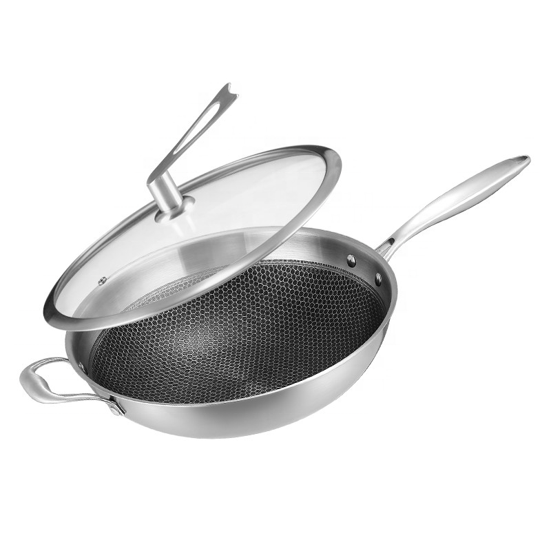 32/34/36cm High Quality 304 Stainless Steel Chinese Wok with Lid Non-toxic Induction Gas Fry Pan Wok Skillets