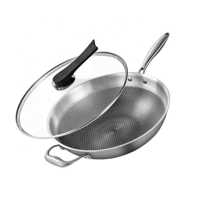 32/34/36cm High Quality 304 Stainless Steel Chinese Wok with Lid Non-toxic Induction Gas Fry Pan Wok Skillets