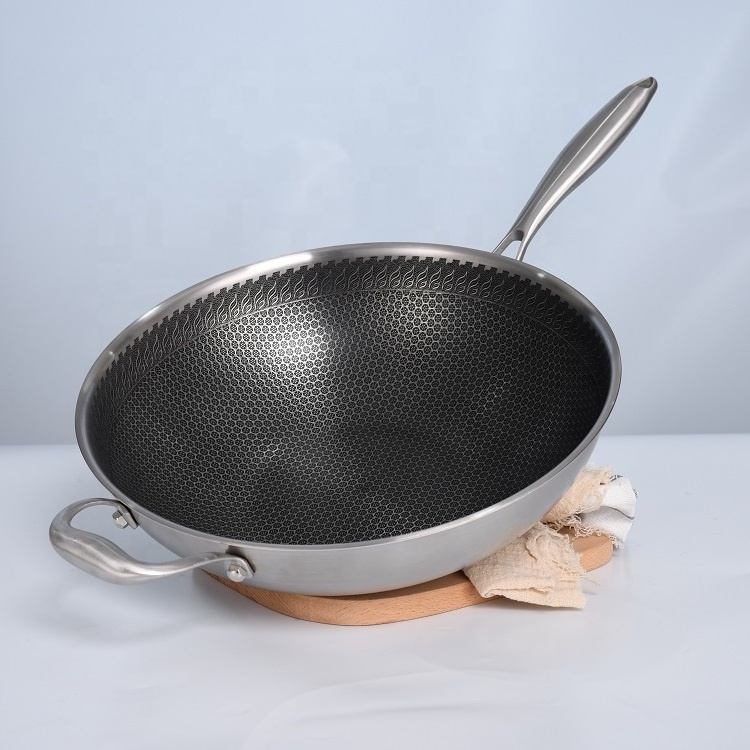 32/34/36cm High Quality 304 Stainless Steel Chinese Wok with Lid Non-toxic Induction Gas Fry Pan Wok Skillets