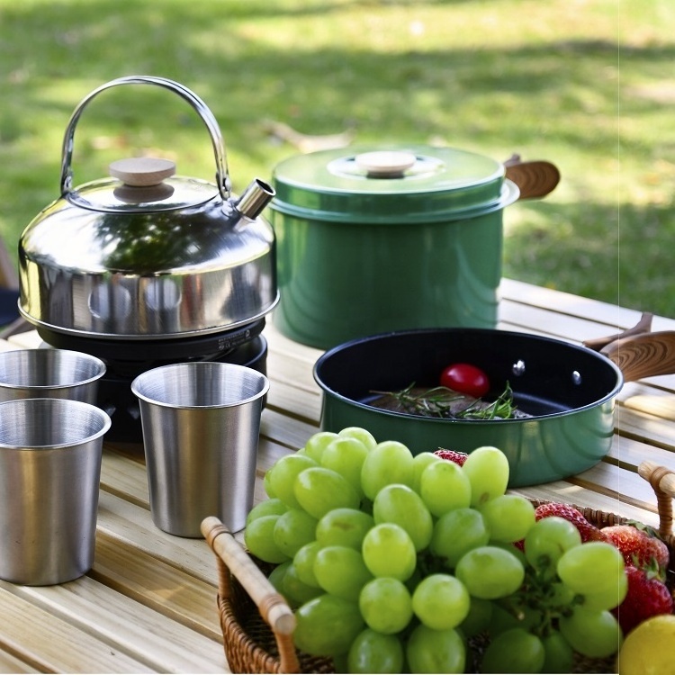 New Arrival Camping Accessories Stainless Steel Cooking Pots And Pans Outdoor Equipment Camping Cookware Set With Kettle