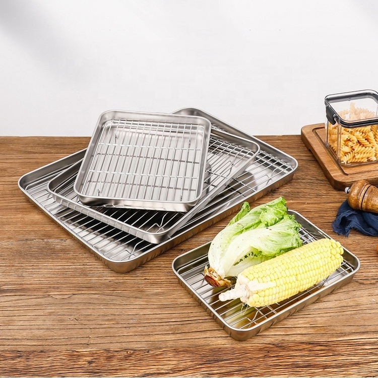 Wholesale Full Size Rectangle Bake BBQ Pan Kitchen Bakeware Stainless Steel 304 Baking Sheets Cake Baking Tray with Cooling Rack