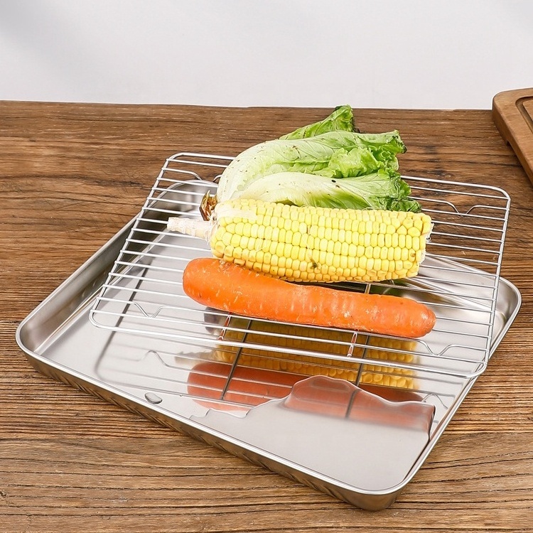 Wholesale Full Size Rectangle Bake BBQ Pan Kitchen Bakeware Stainless Steel 304 Baking Sheets Cake Baking Tray with Cooling Rack