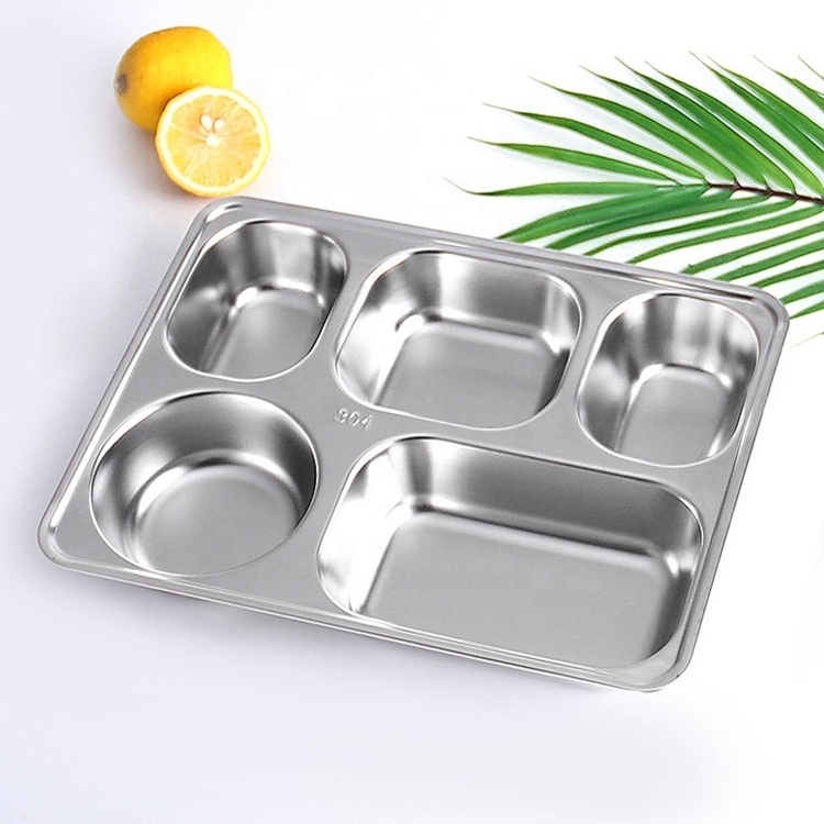 Wholesale High Quality Stainless Steel 304 Food Grade Lunch Plates School Canteen Serving Plate 5 Compartment Dinner Plates